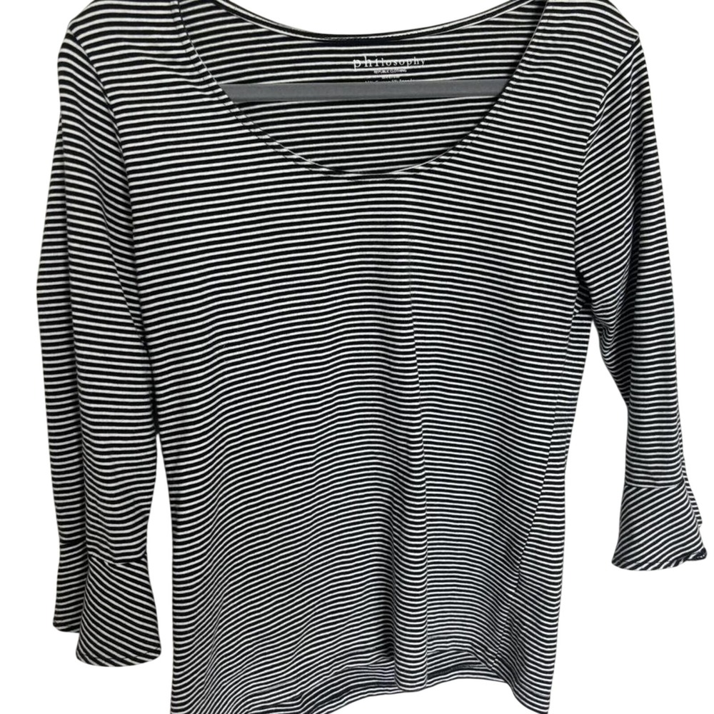 Philosophy Republic Women's Black and White Striped 3/4 bell Sleeve top medium